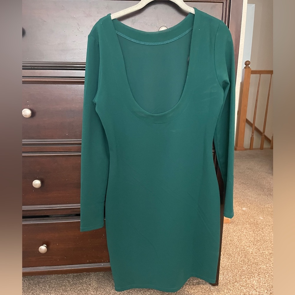 H&M green long sleeve, open back dress.